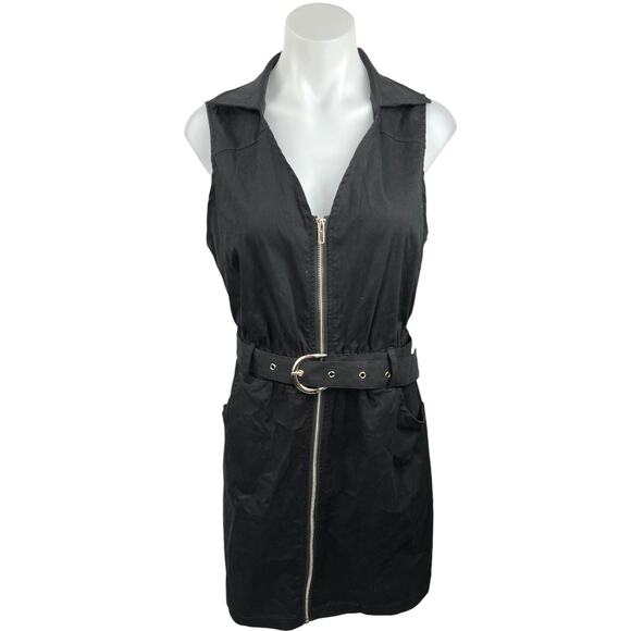 Fisoew Black Sleeveless Zip Up V-Neck Collar Belted Mini Cowgirl Shirt Dress M - Picture 1 of 3